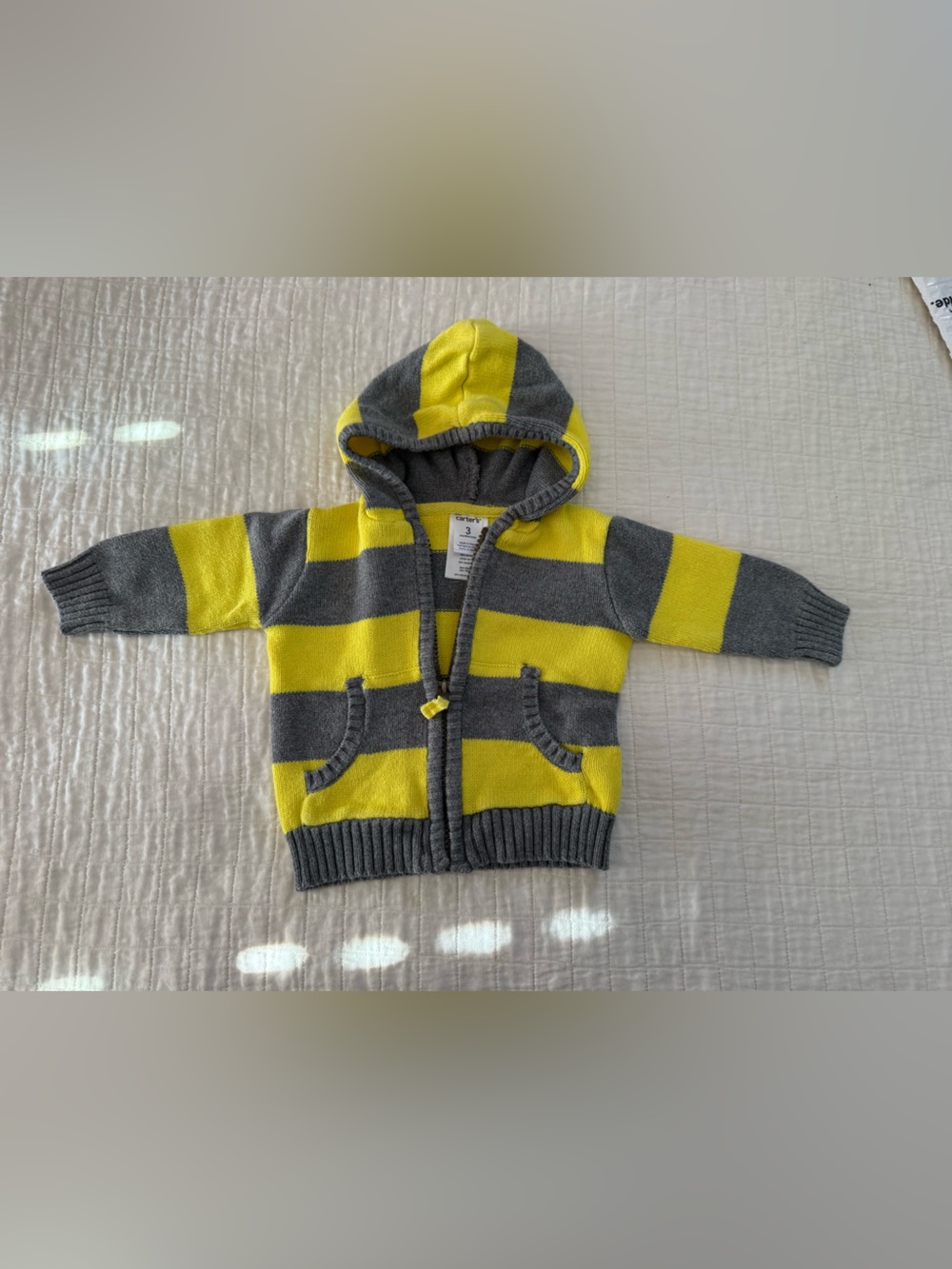 Carter's Baby Boy Striped Hooded Knit Sweater Jacket Grey Yellow Size 3M